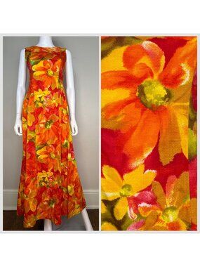 Vintage 1960s Orange Hawaiian Floral Sleeveless Maxi Dress Karen Ann Hawaii XS/S